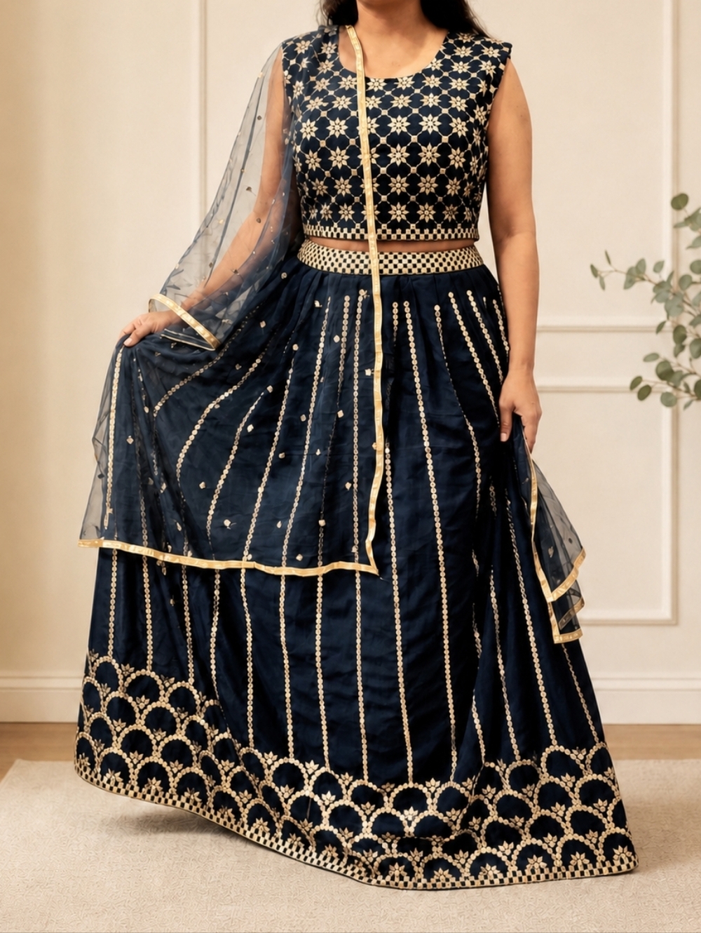 Navy Blue Embroidered Lahenga Choli, Skirt, Blouse And Duppatta- Xl Size